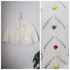 Vintage 1970s Kids Shawl Cape Sweater Poncho Floral Knit with Fringe